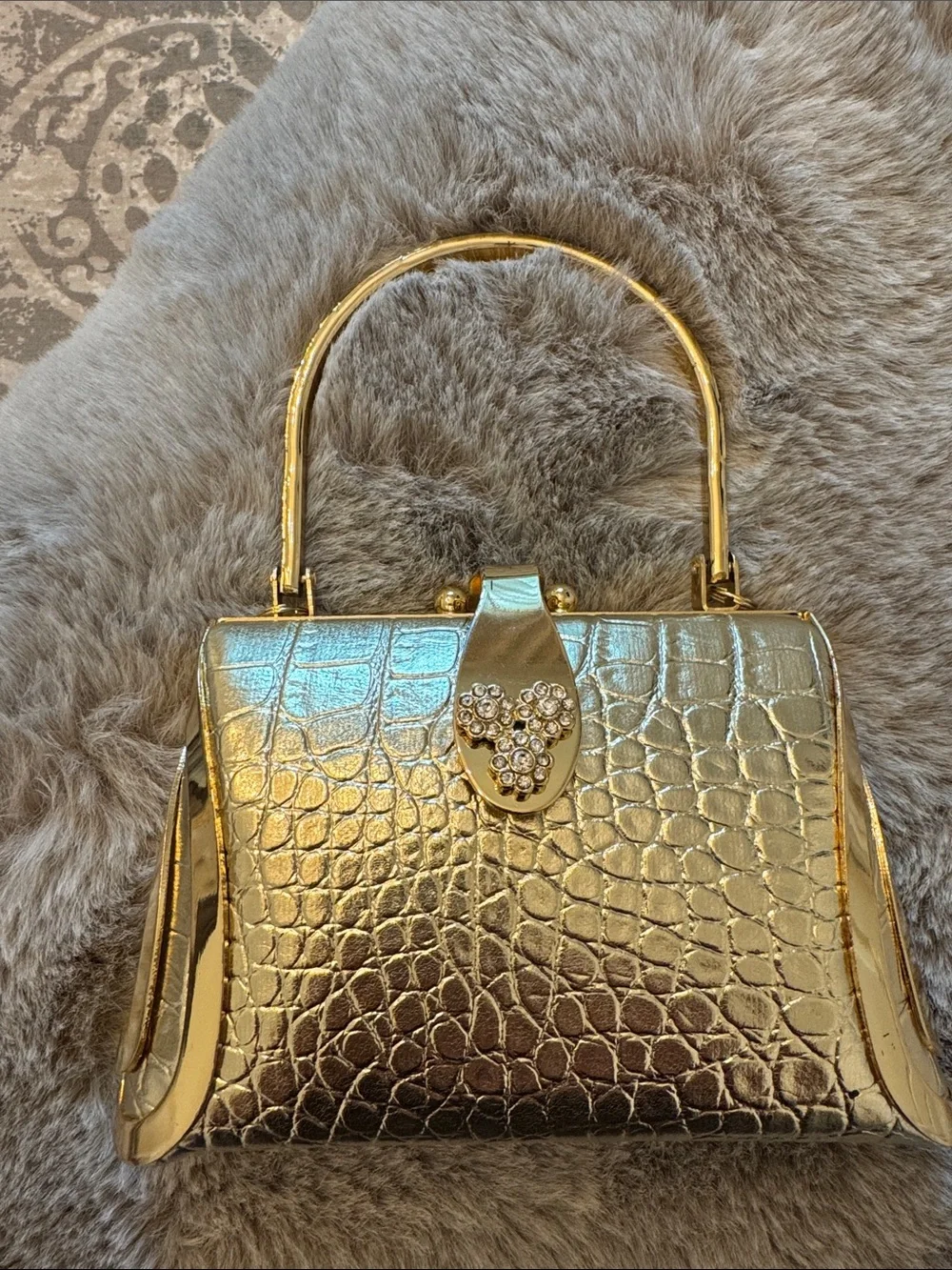 Metallic Gold Croc-Embossed Top Handle Bag with Crystal Clasp